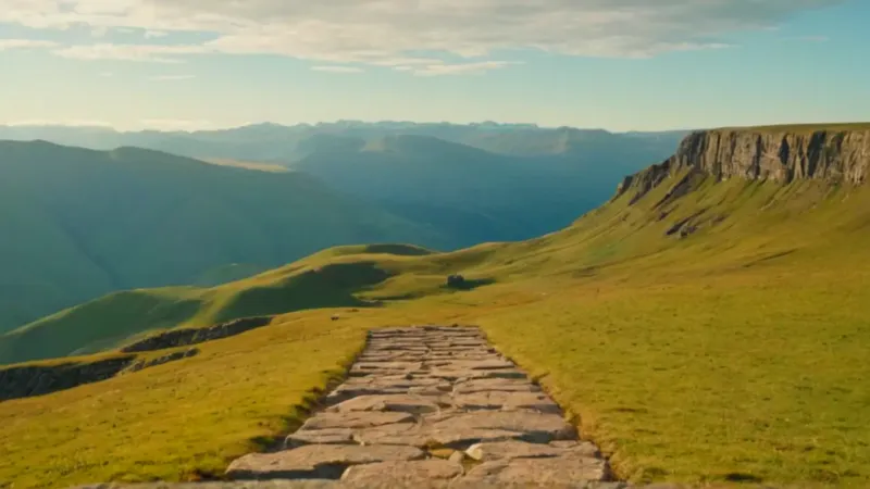 Una figura contempla el vasto paisaje montañoso