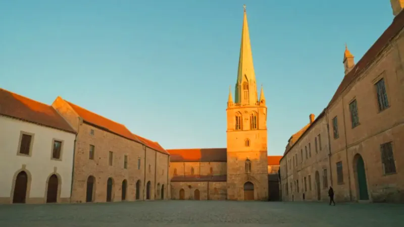 Atardecer solitario en una plaza adoquinada