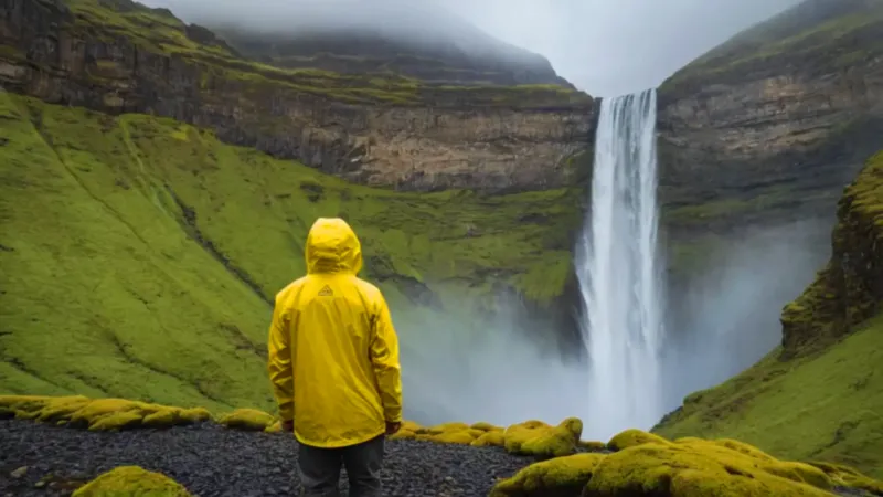Un hombre empequeñecido por la inmensa cascada