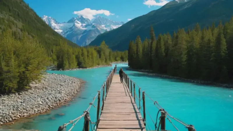 Figura sola en un puente montañoso