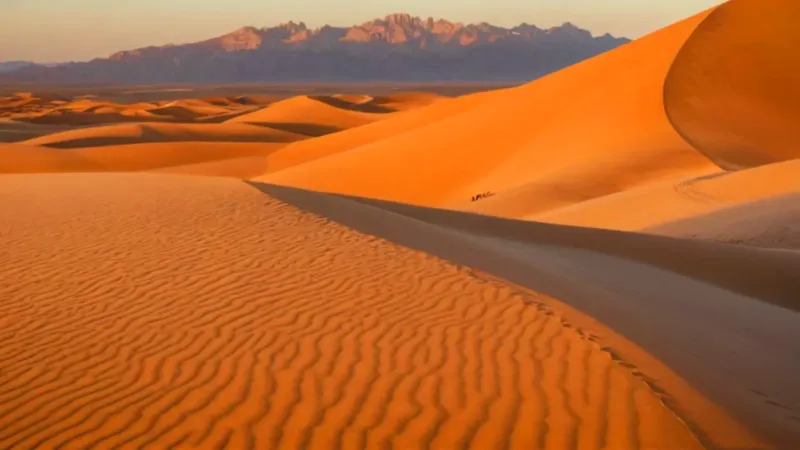 Silueta solitaria sobre dunas al amanecer