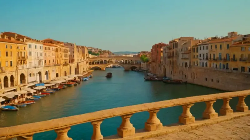 Colorida ciudad sobre un cañón con puente