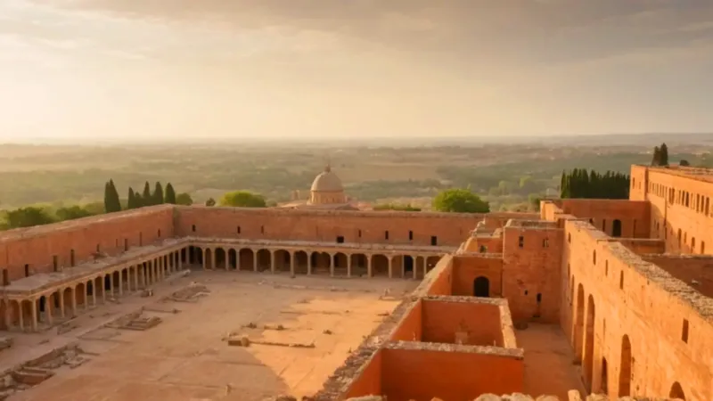 Una figura contempla ruinas al atardecer