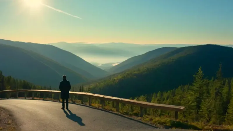 Una figura contempla el valle desde la montaña