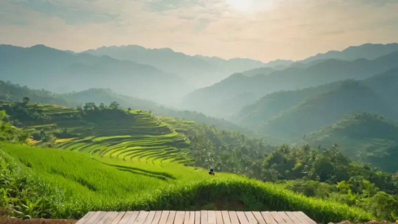 Figura contempla un valle de terrazas y montañas