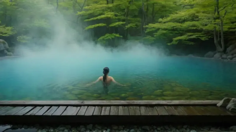 Figura solitaria descansa en un onsen