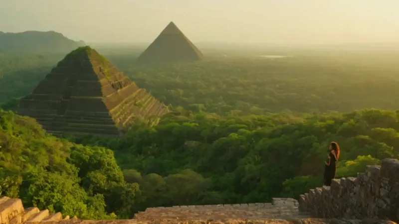 Una figura contempla pirámides en la selva