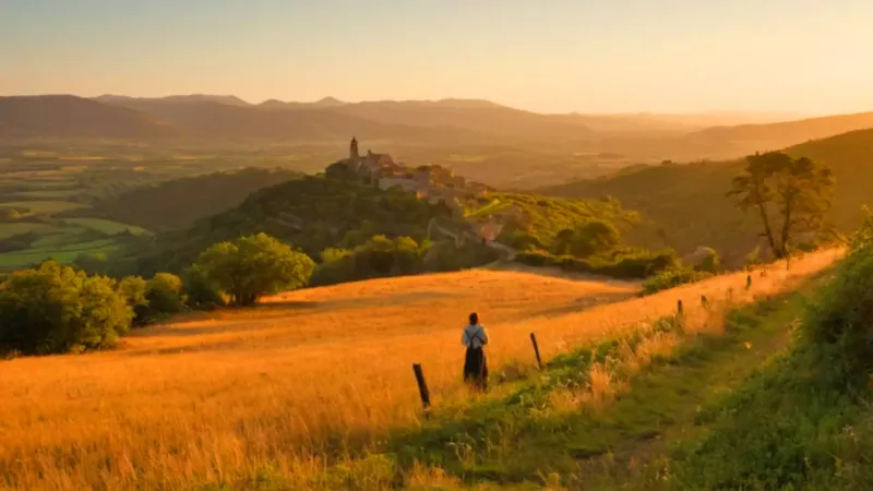 Atardecer sobre un valle y pueblo medieval