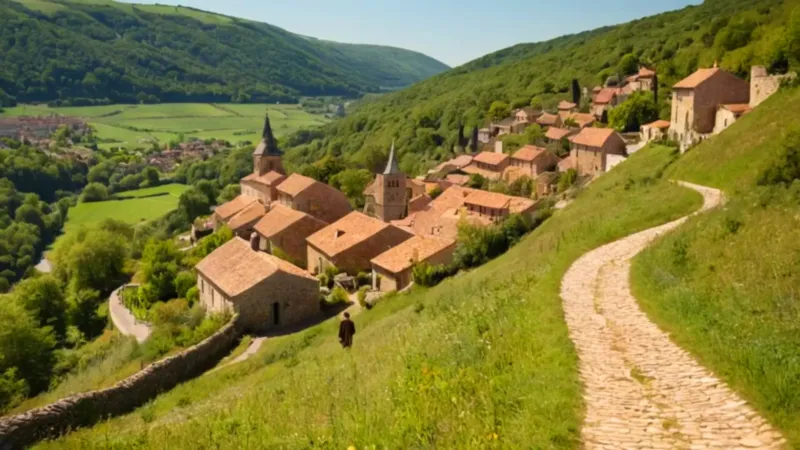 Un caminante se acerca al pueblo medieval