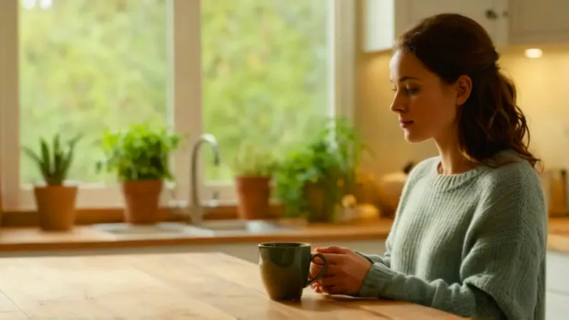 Mujer con taza en una cocina luminosa
