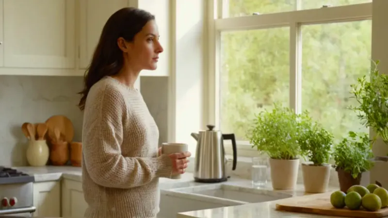 Mujer con taza en una cocina soleada