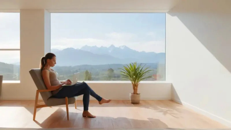 Persona trabaja en un luminoso espacio con vistas