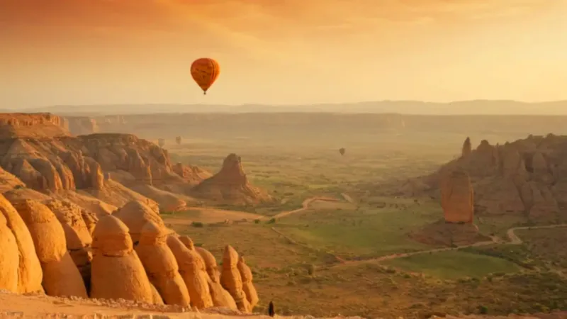 Globos aerostáticos sobre un valle rocoso al amanecer