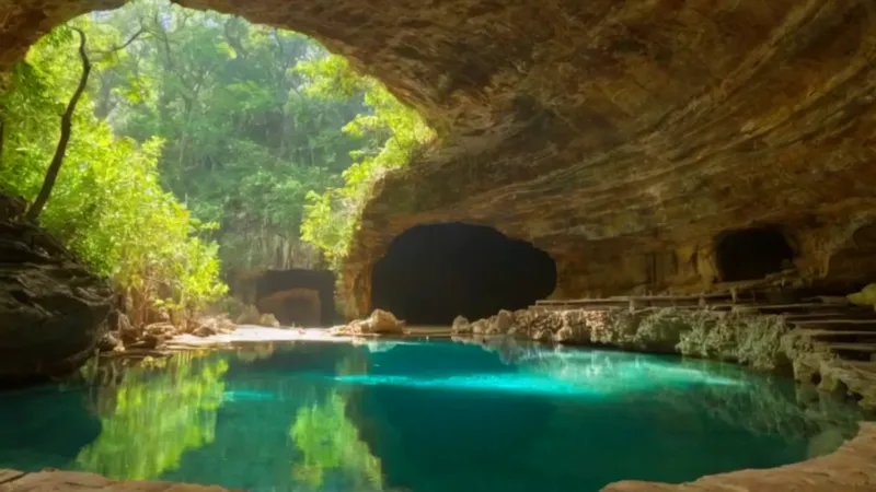 Un haz de luz ilumina la gruta