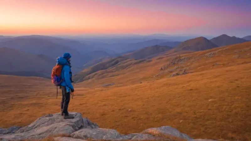 Una figura contempla el atardecer en la montaña