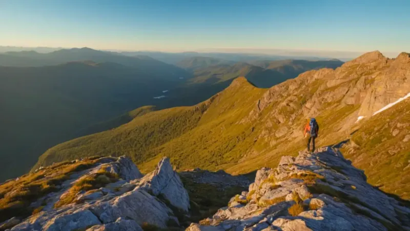 Excursionista ante el atardecer en las montañas