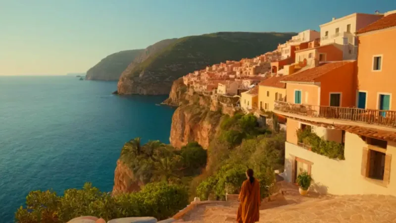 Mujer contempla el pueblo junto al mar