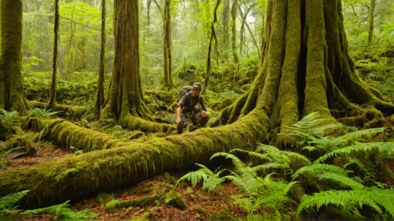 Explorador observa una criatura en la jungla