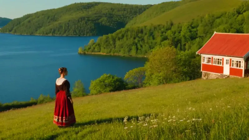 Mujer en un paisaje idílico junto al lago