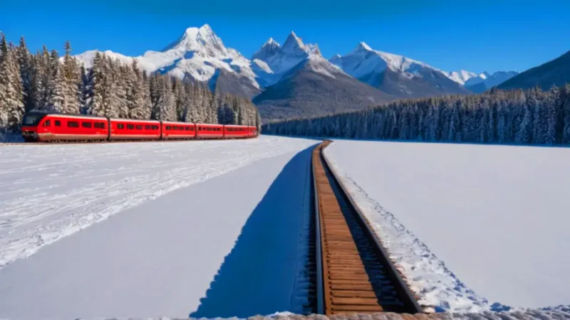 Figura solitaria ante tren en montañas nevadas