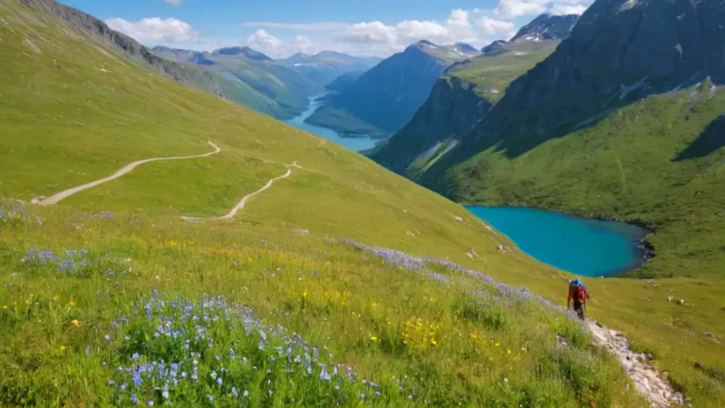 Excursionista ante un lago y montañas nevadas
