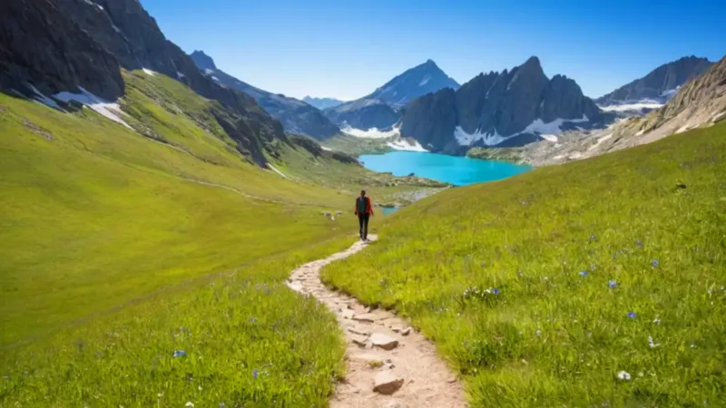 Un excursionista contempla un lago entre montañas