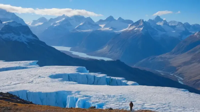 Una figura ante un glaciar inmenso