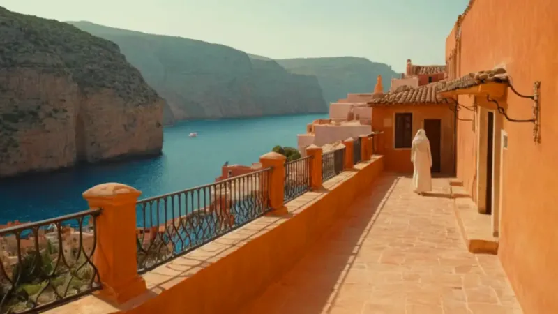 Figura contempla el pueblo sobre el mar