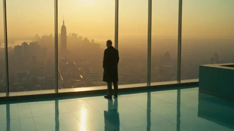 Una figura contempla la ciudad al atardecer