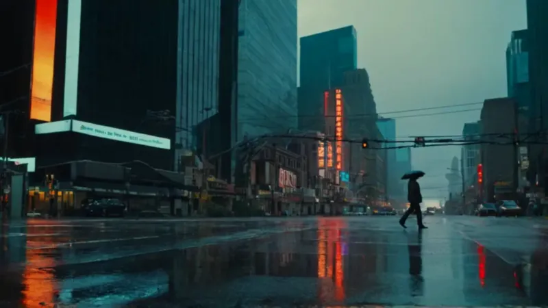 Soledad urbana bajo la lluvia de neón