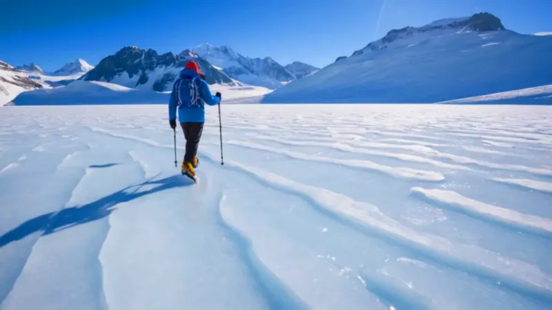 Alpinista solitario avanza sobre el glaciar