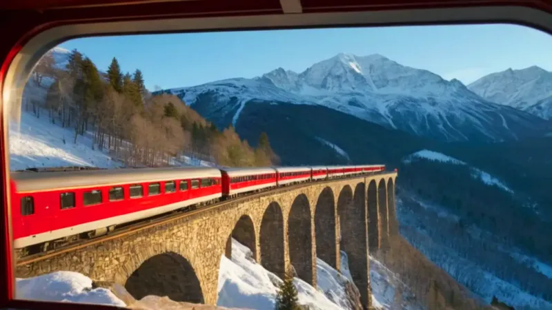 El tren rojo cruza el viaducto alpino