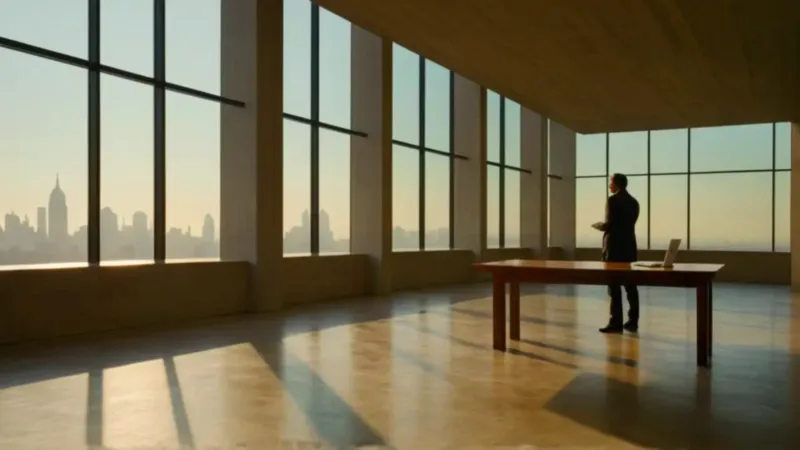 Una figura analiza datos frente a la ciudad