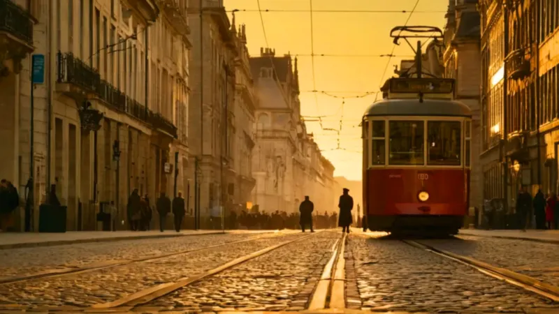 Un tranvía recorre la calle al atardecer