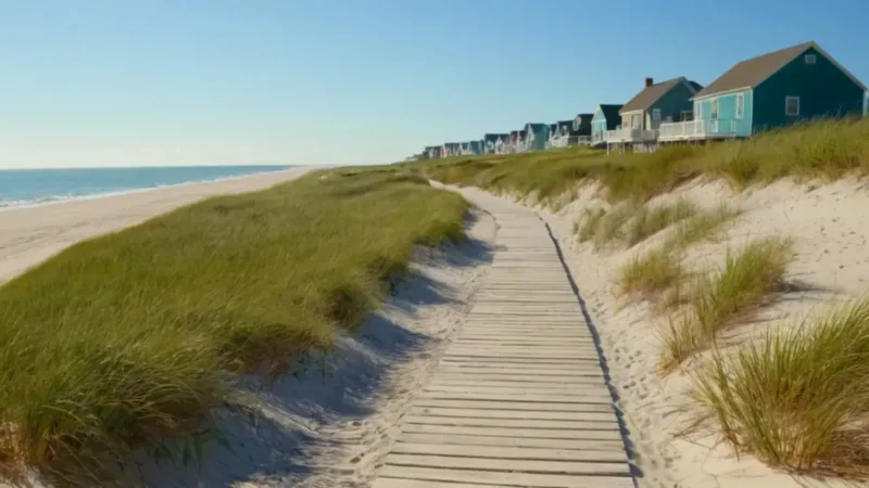 Paseo costero con casas a rayas