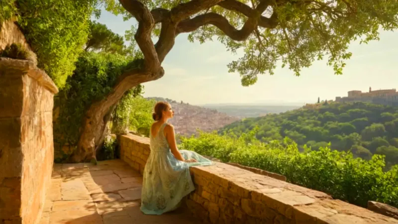 Mujer contempla el atardecer desde el jardín