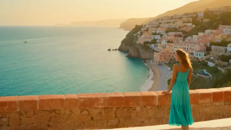 Mujer contempla el pueblo costero al atardecer