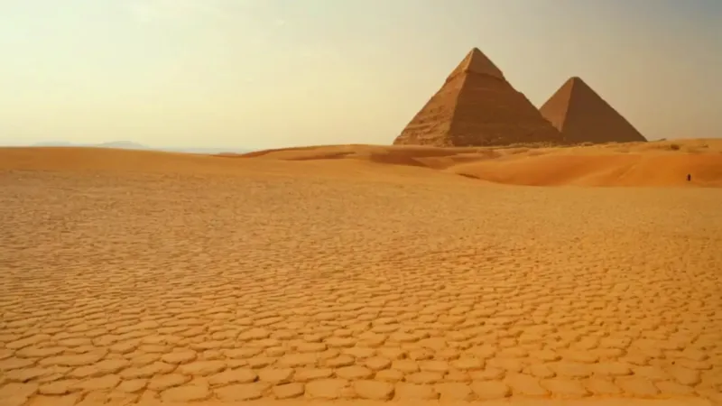 Silueta solitaria ante pirámides del desierto