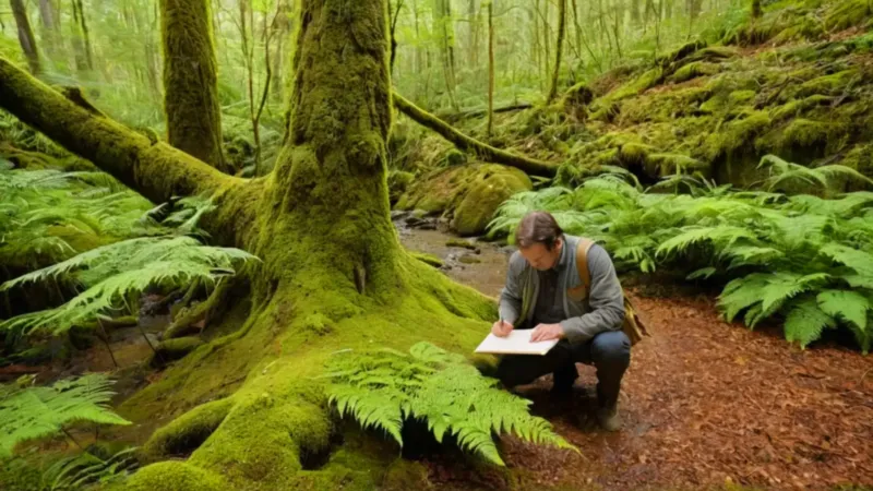 Un naturalista estudia la flora del bosque