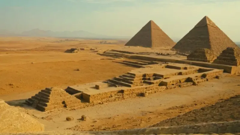 Figura solitaria entre pirámides al atardecer