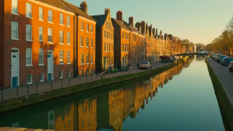Canal soleado entre casas altas y antiguas