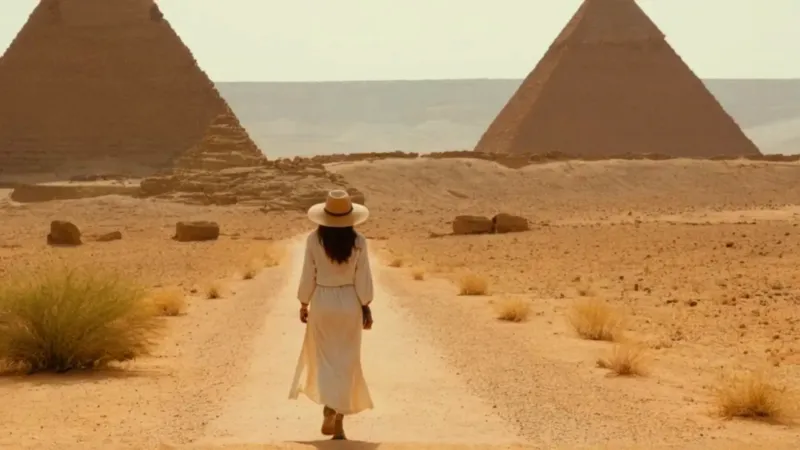 Mujer contempla las pirámides del desierto